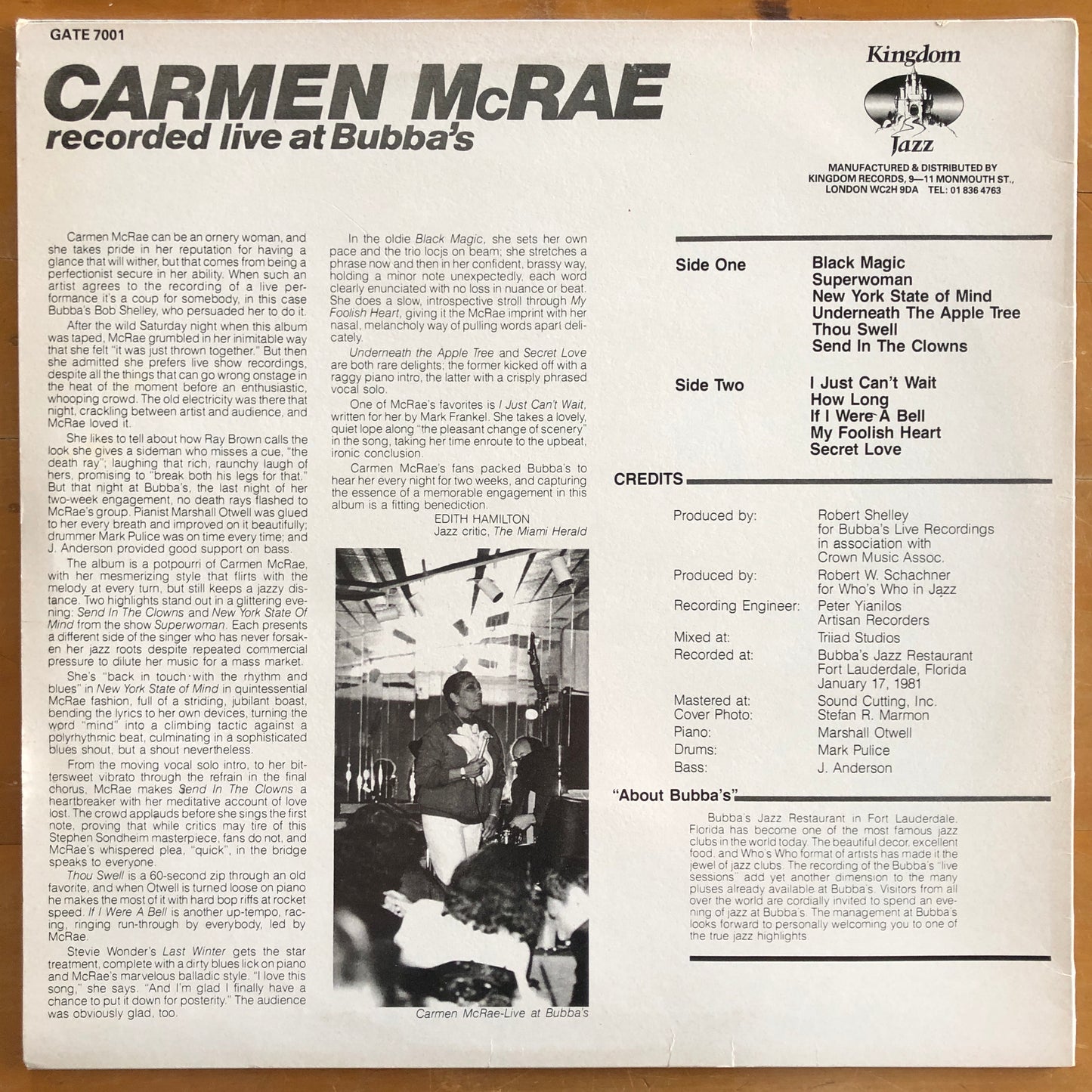 Carmen McRae - Recorded Live At Bubba's