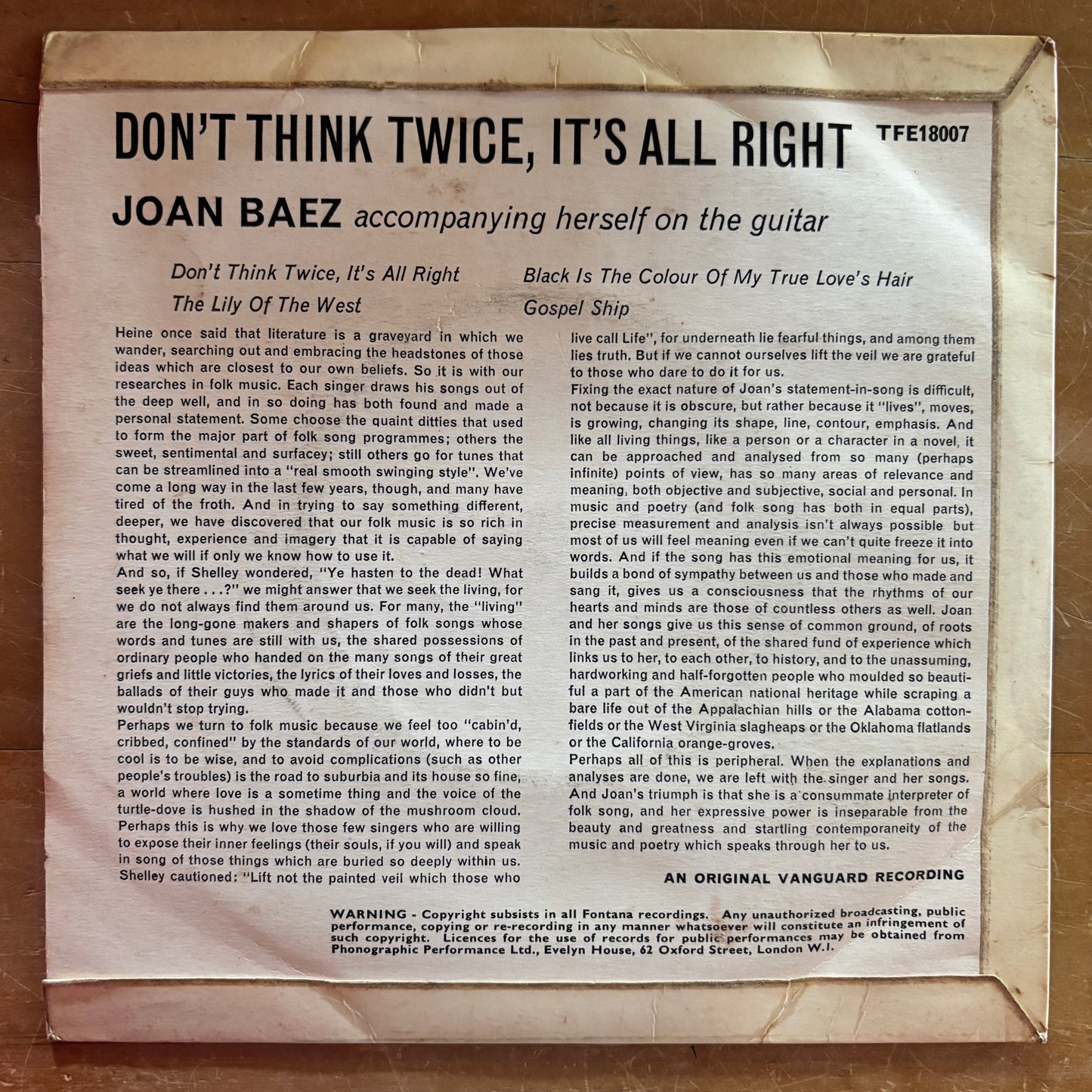 Joan Baez - Don't Think Twice, It's All Right (7" single)